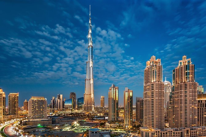 Burj Khalifa illuminated at night in Downtown Dubai skyline