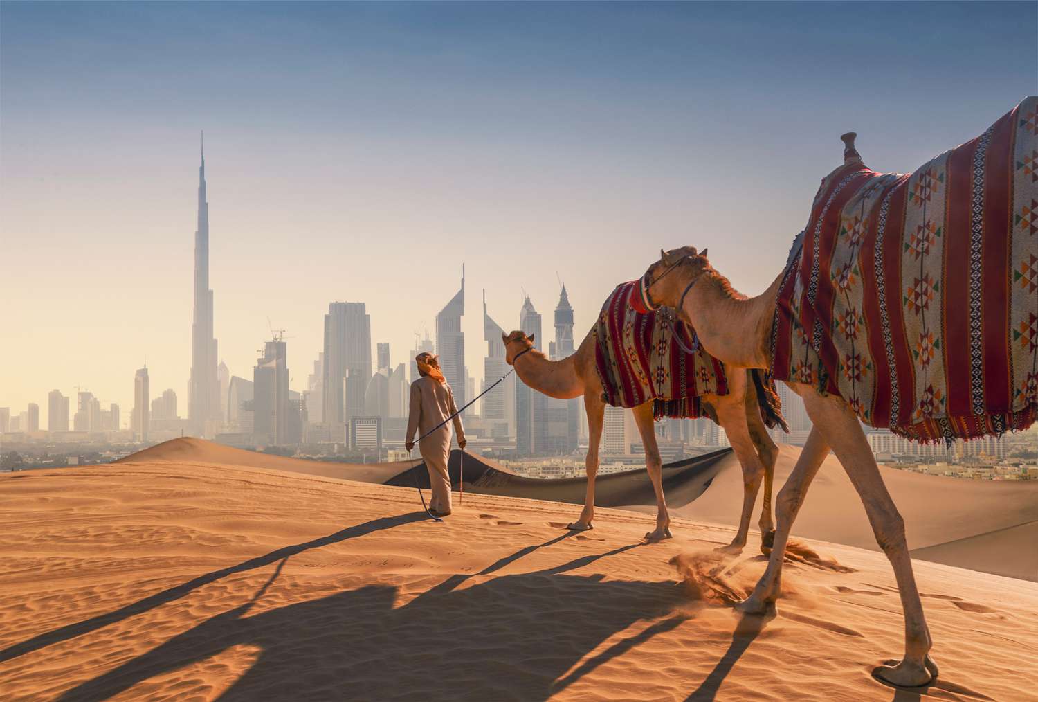 Camel ride in Dubai desert with Burj Khalifa in the background