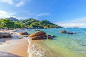 Relaxed coastline view of Jomtien Beach with soft waves, palm trees, and people enjoying the sun in Pattaya, Thailand.