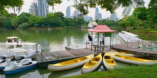 Lush greenery and lake view at Lumphini Park, Bangkok.