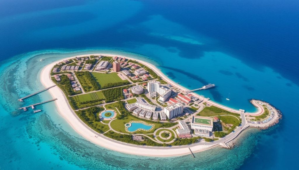 View of Hulhumale Island Maldives with modern buildings, beach, and clear blue skies
