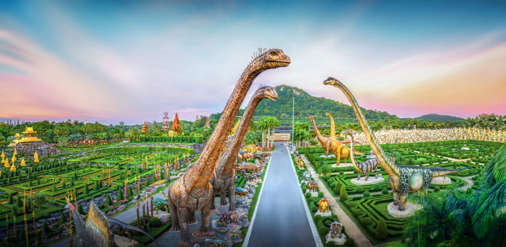Vibrant landscaped gardens and cultural performances at Nong Nooch Tropical Garden in Pattaya, Thailand.