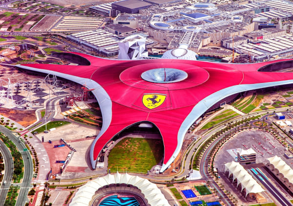 Ferrari World Abu Dhabi aerial view with iconic red roof